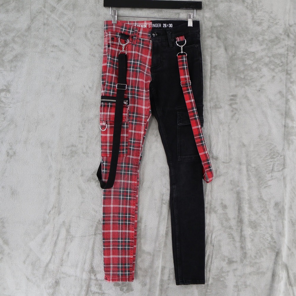 Hot Topic HT Denim Stinger Pants Mens 26x30 Red Black Plaid Split Leg Tartan